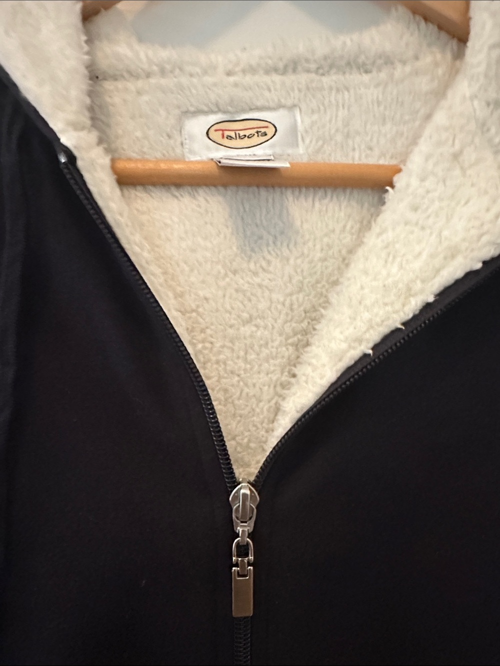 Talbots Dark Navy Zip-Up Teddy-Lined Hoodie with Cream Sherpa Hood - Picture 2 of 5